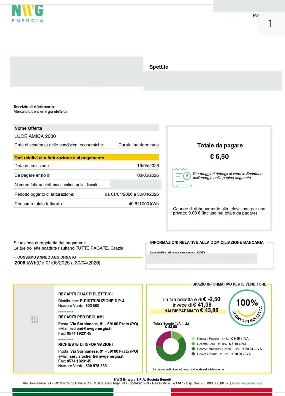 Bolletta NWG con sconto del 100%, 43,88 euro risparmiati, da pagare solo il canone RAI, dati personali oscurati