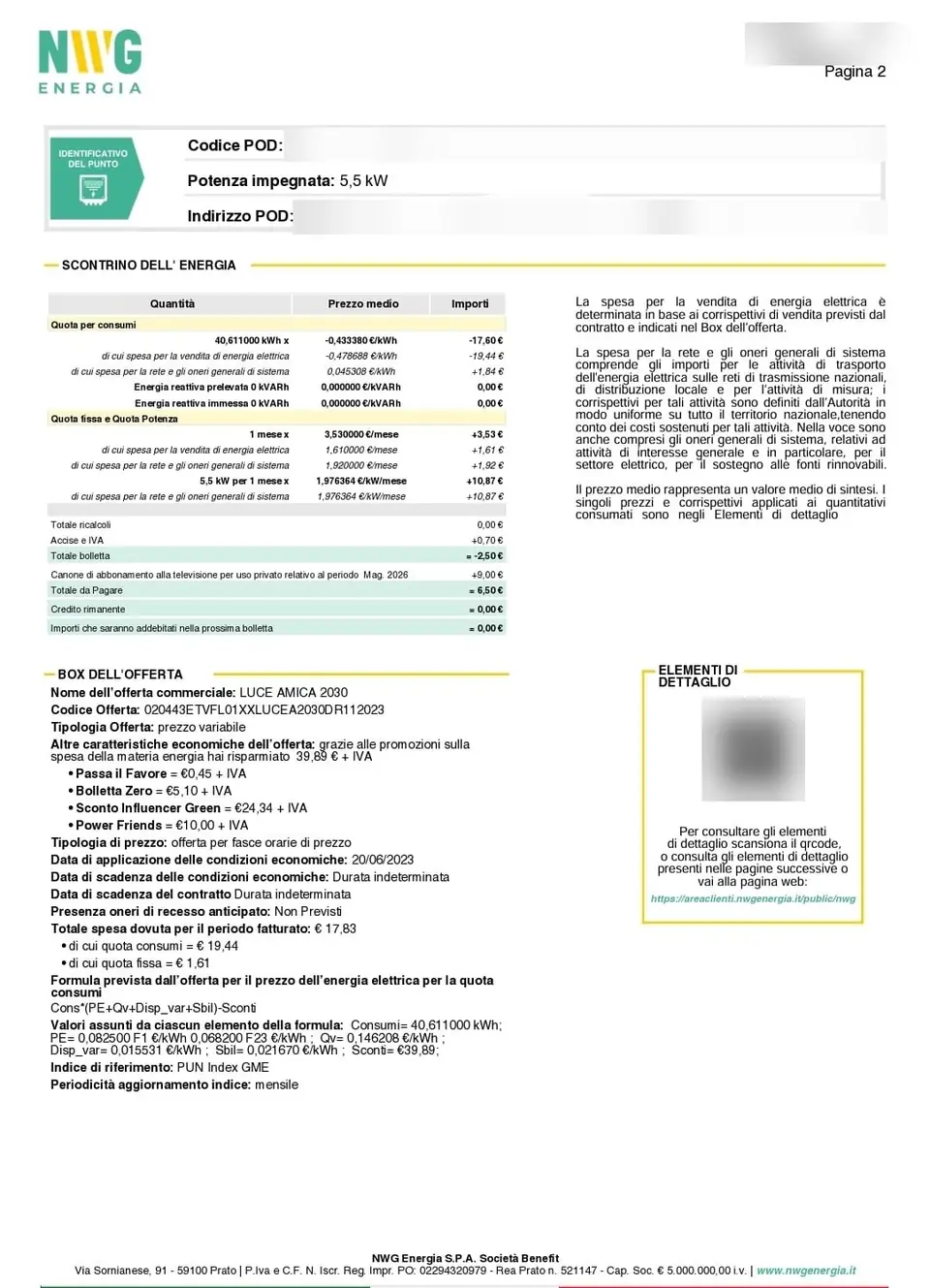 Pagina 2 della bolletta NWG, scontrino dell'energia con totale bolletta meno 2,50 euro, dati personali oscurati
