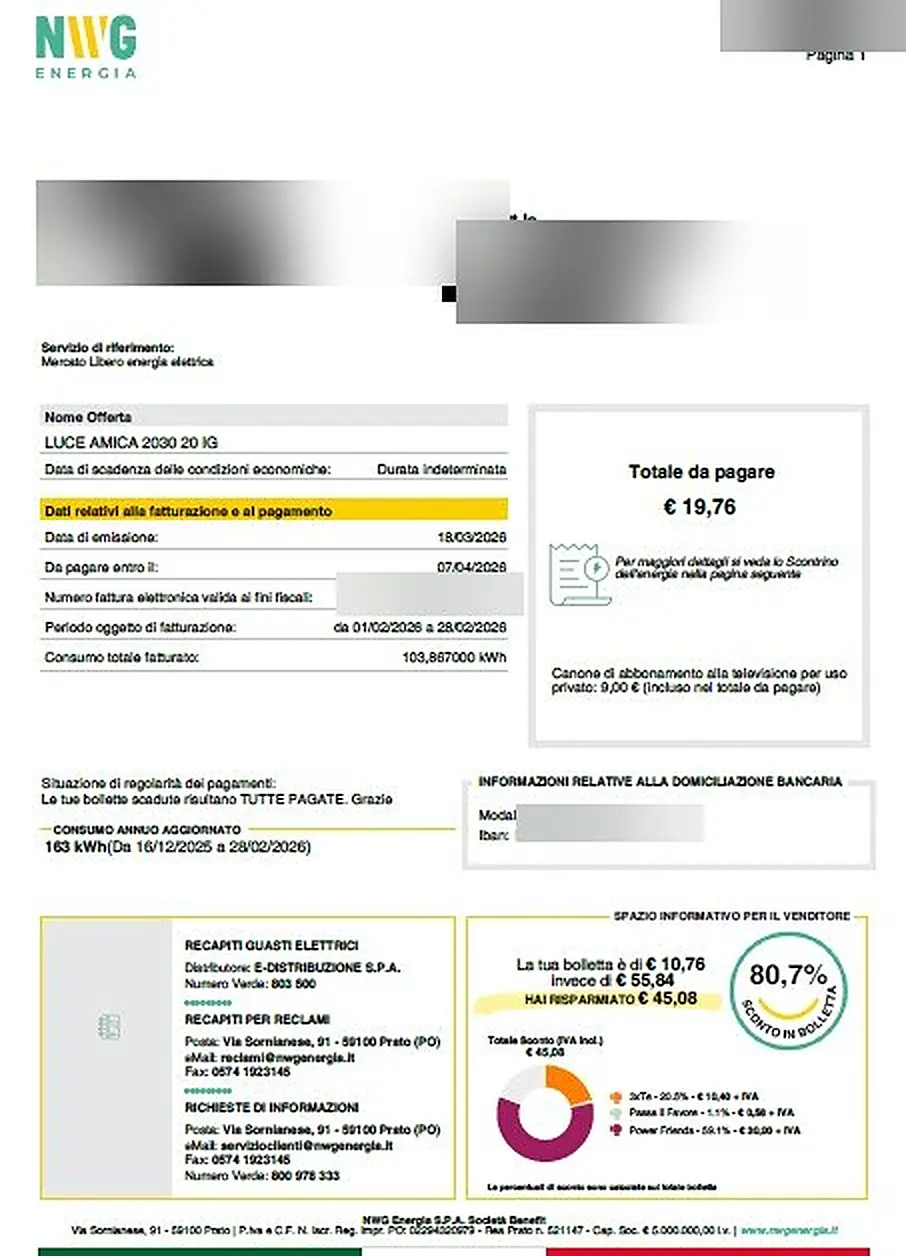 Bolletta NWG con sconto dell'80,7%, 45,08 euro risparmiati, dati personali oscurati