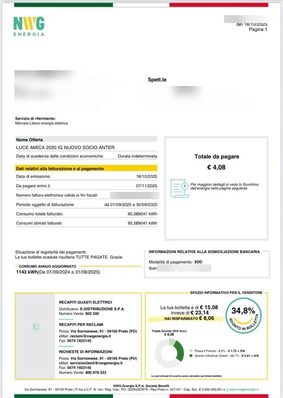 Bolletta NWG con sconto del 34,8%, 8,06 euro risparmiati, dati personali oscurati