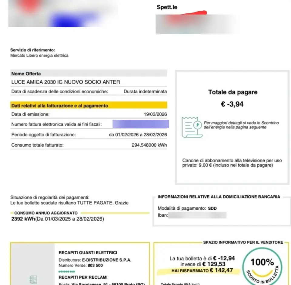 Bolletta NWG con sconto del 100%, 142,47 euro risparmiati, dati personali oscurati