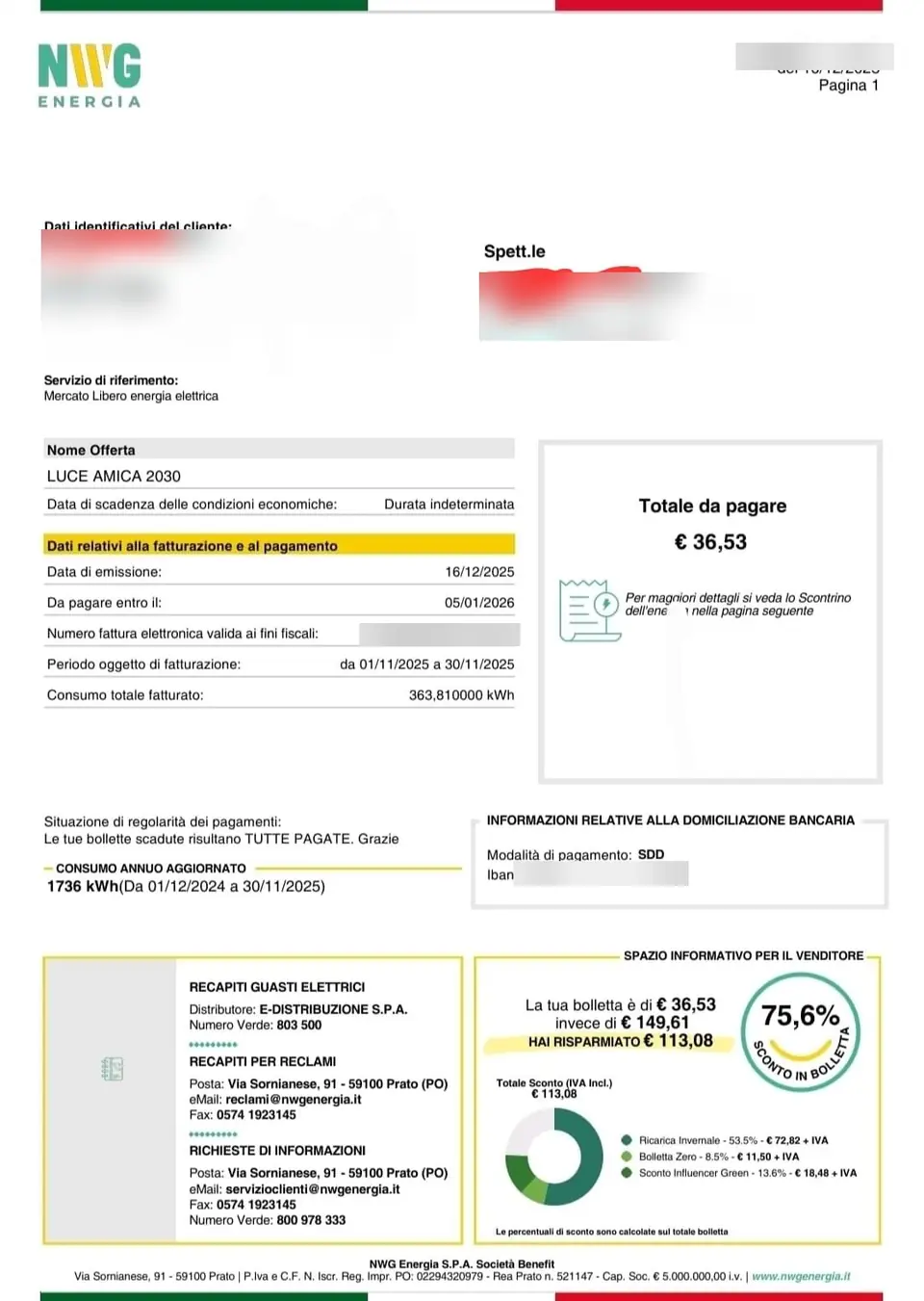 Bolletta NWG con sconto del 75,6%, 113,08 euro risparmiati, dati personali oscurati