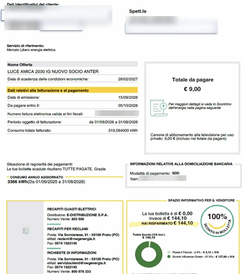 Bolletta NWG con sconto del 100%, 144,10 euro risparmiati, dati personali oscurati