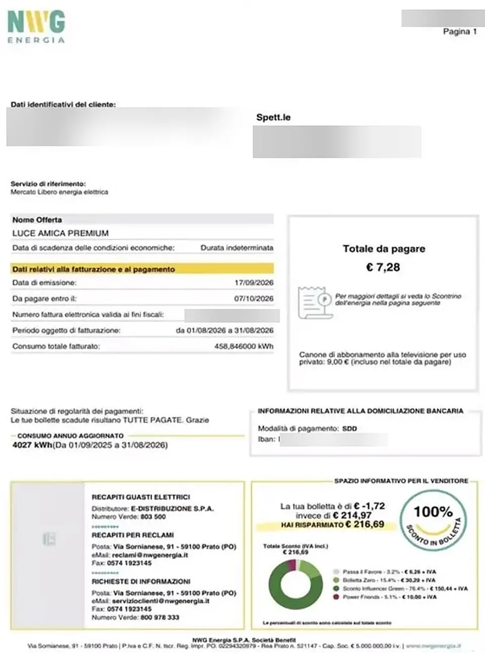 Bolletta NWG con sconto del 100%, 216,69 euro risparmiati, dati personali oscurati