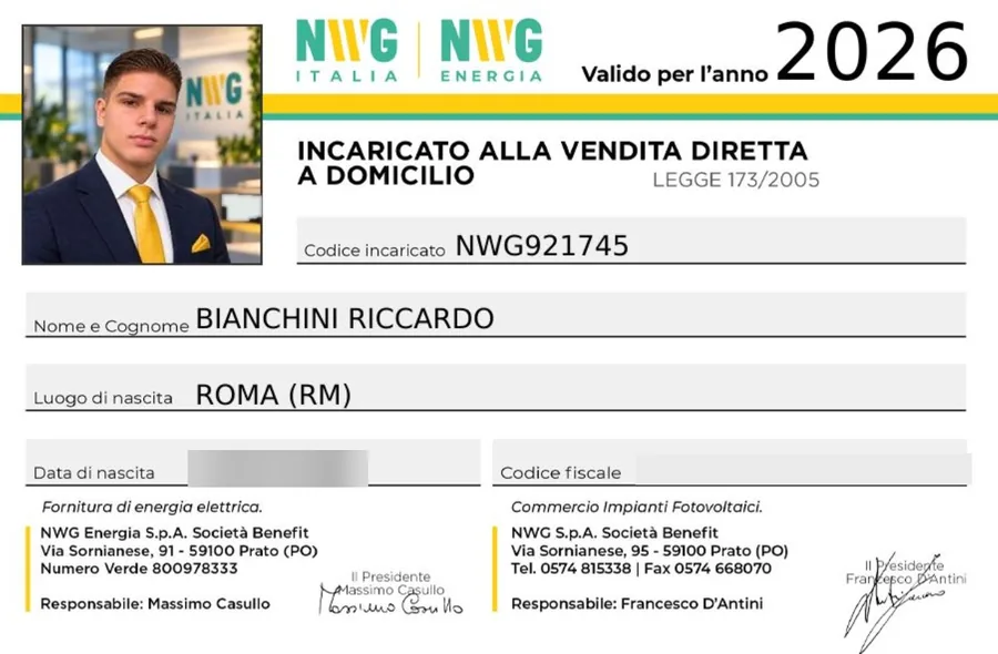 Tesserino NWG 2026 di Riccardo Bianchini, incaricato alla vendita diretta a domicilio, codice NWG921745, codice fiscale e data di nascita oscurati